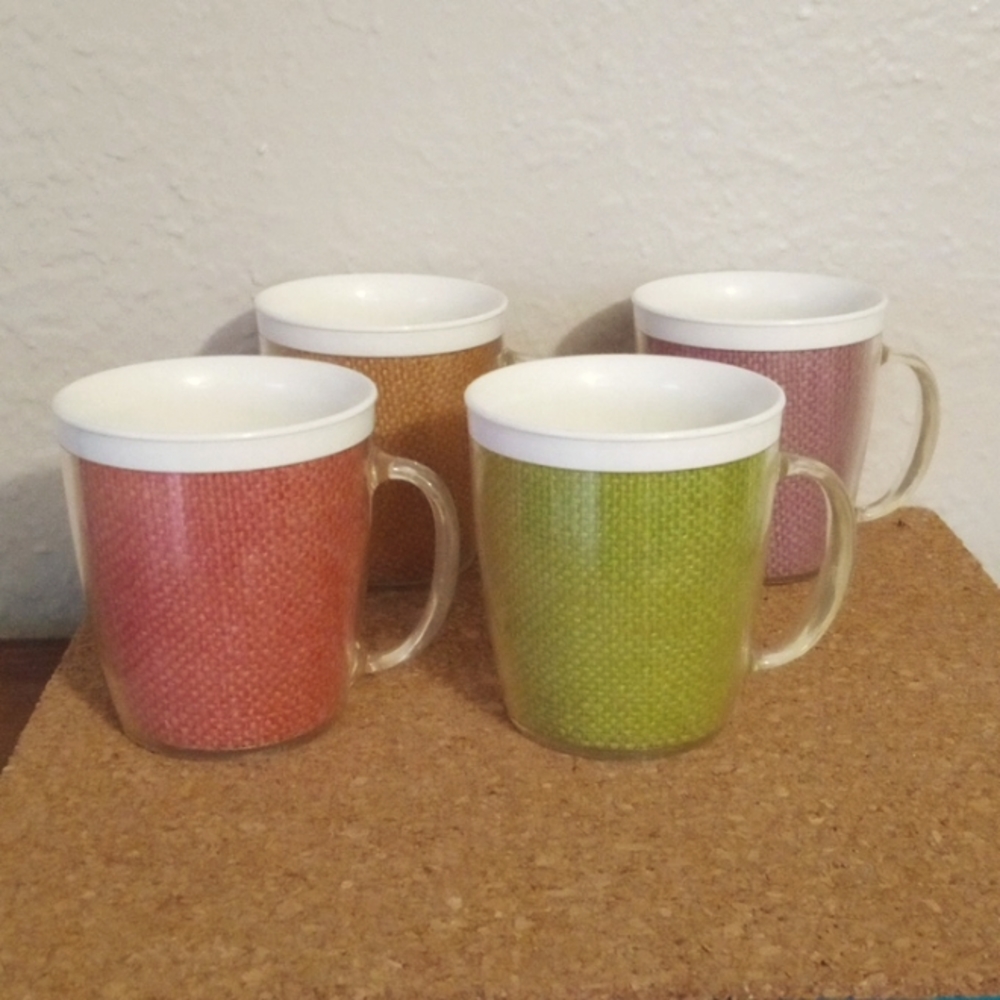 Set of Four Vintage Thermal Burlap Mugs, Used